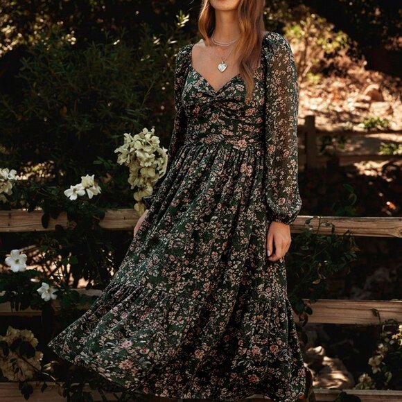 Dark Green Casual Women's Floral Midi Dress - Picture 3 of 6